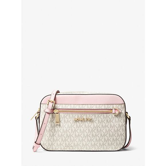 MICHAEL KORS Jet Set Large Logo Crossbody Bag MK Logo White Pink Gray Gold NWT - Picture 13 of 13